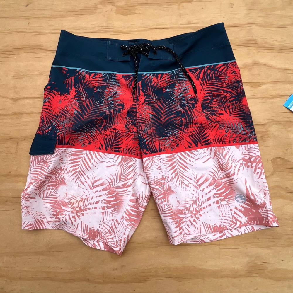 Ocean Current Mens Tropical Palm Print Board Shorts Navy Red White Size 34